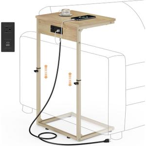 Vagusicc C Shaped End Table with Charging Station, Adjustable Height Side Table for Couch, Small Side Table, 33.2'' Tall Couch Tables that Slide Under, Tv Tray End Table for Living Room, Natural