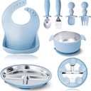 7 Pieces 304 Stainless Steel Baby & Toddler Feeding Set - Suction Divided Plates, Bowls, Silicone & Stainless Spoon Fork,Pocket Bib Unbreakable, Dishwasher Safe Kids Dinnerware Essentials (Blue)