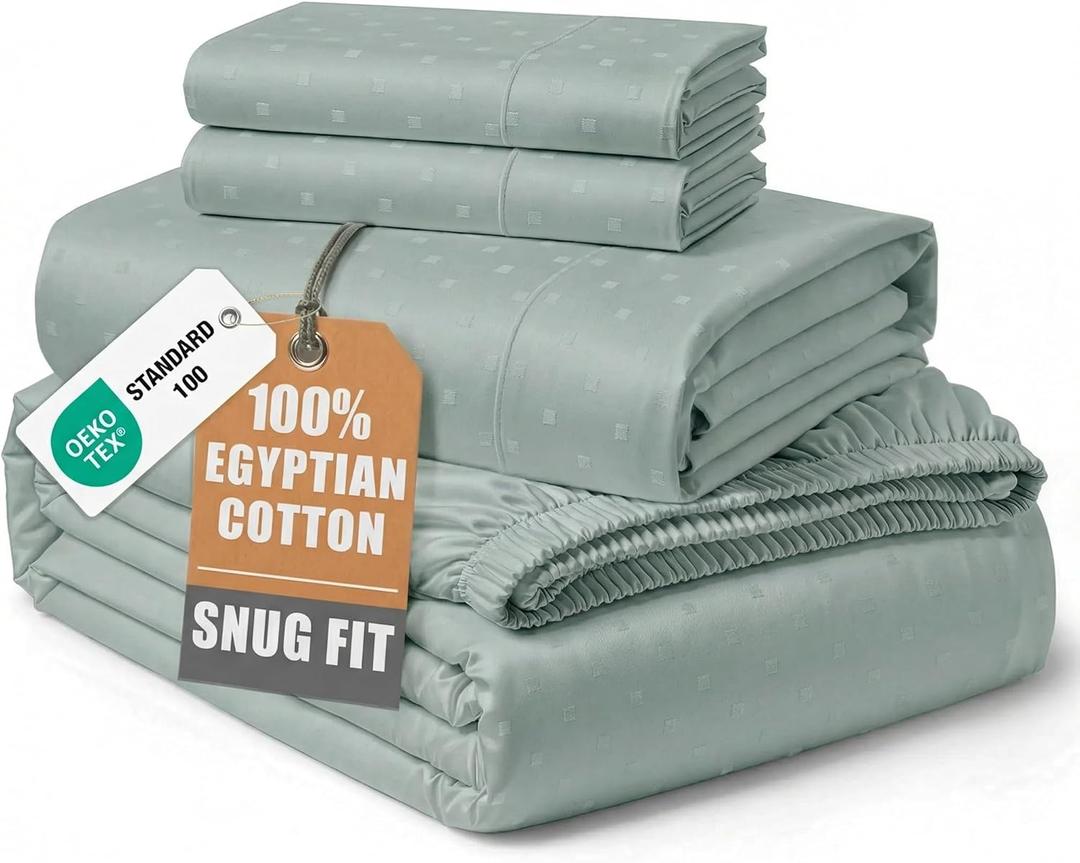 LANE LINEN 100% Egyptian Mercerized Cotton Sheets Full Size Bed, Eco Friendly No Pill Fade Resistant 15 Iinch Deep Pocket Full Bed Sheets Elegant Jaquard Swiss Dot - Mineral