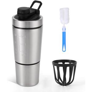 304 Stainless Steel Protein Mixer Cup, Single Layer with Bottom Powder Storage, 2 Sections, Detachable Strainer, Easy-Carry Handle, [27oz]