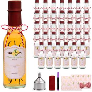 5oz Hot Sauce Bottles with Lids,Clear Woozy Bottles with Shrink Capsules,Small Wine Making Bottles With Lids for Bottling,Empty 5oz Glass Vanilla Extract Bottles With Red Caps Set of 35
