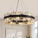Siljoy Modern Black Crystal Chandelier 16 Lights Industrial Round 2-Tiers K9 Crystal Raindrop Chandelier Farmhouse Flush Mount Pendant Ceiling Light for Dining Living Room Bedroom Entryway D31.5''