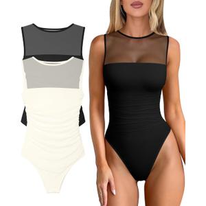 OQQ Women 2 Piece Bodysuit Mesh Ruched Sleeveless Turtle Neck Shapewear Body Suits One Piece Leotard Shirt Going Out Tops (Medium, Black,Beige)