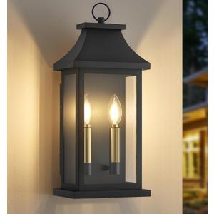 tewei 2-Light Black Outdoor Light Fixture, Porch Light Outdoor Wall Sconce Lantern, 22'' Exterior Lighting Fixture Wall Mount E12 Gold Base, Outside Light for House Backyard Garage, 1-Pack