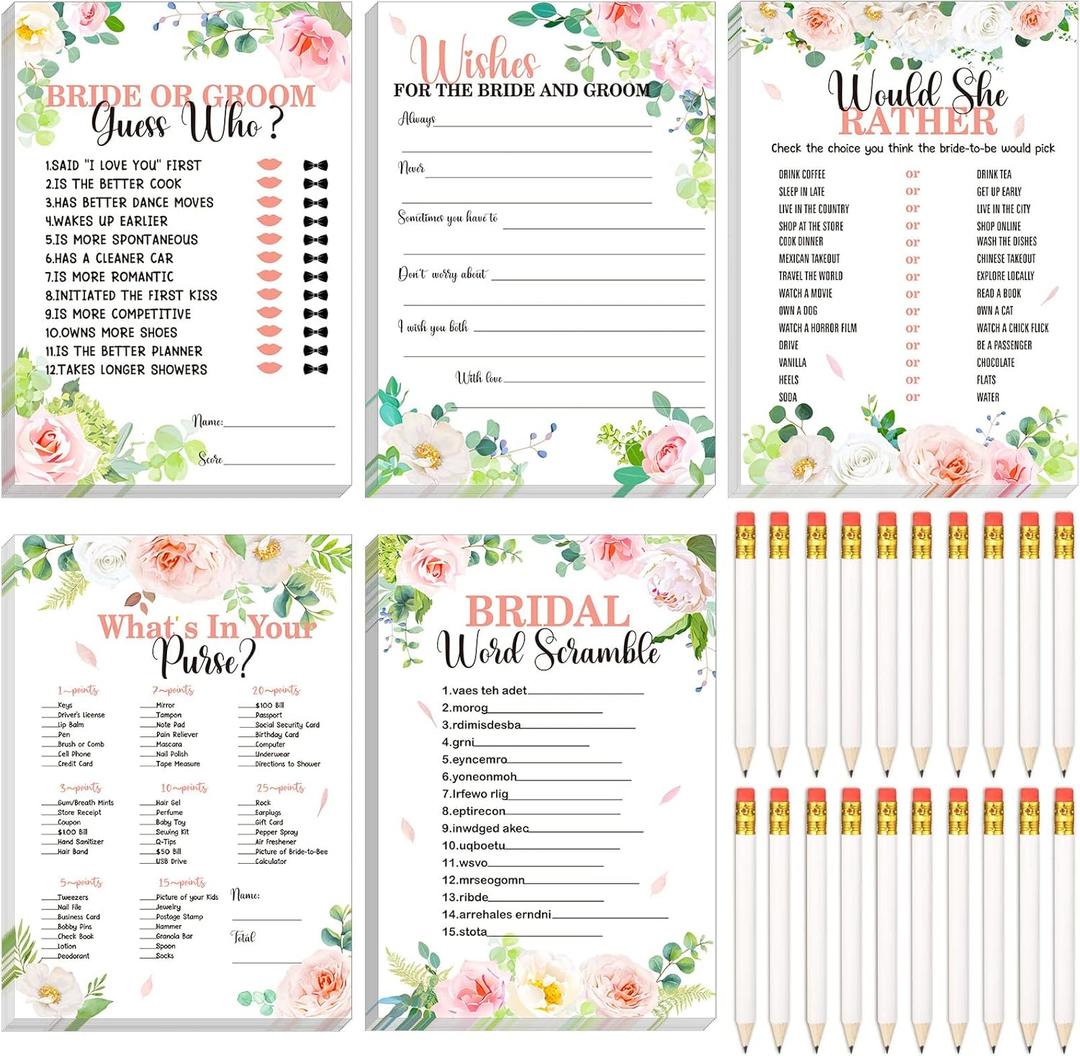 Tinlade 220 Pcs Floral Bridal Shower Game Set for 40 Guests Wedding Games Cards and Pencils Floral Bridal Supplies 5 Activity Accessories Gifts for Bride Groom Bachelorette Wedding Party Favors