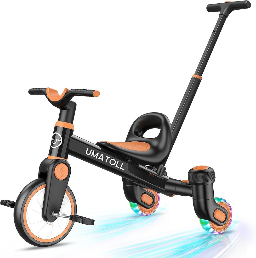 Umatoll 3-in-1 Toddler Tricycle for 18 Months to 5 Year Old, Toddler Toy with Adjustable Push Handle, Gift for Boy Girl Age 2-4, 360 Light-Up Drift Wheels (Black), Small