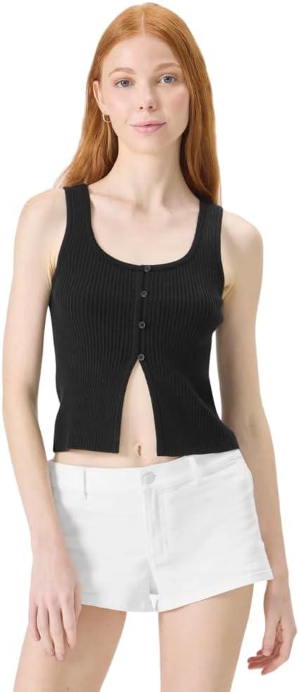 florence by mills Women's Bright Side Peek-a-Boo Knit Button Up Tank Top (Black, L)
