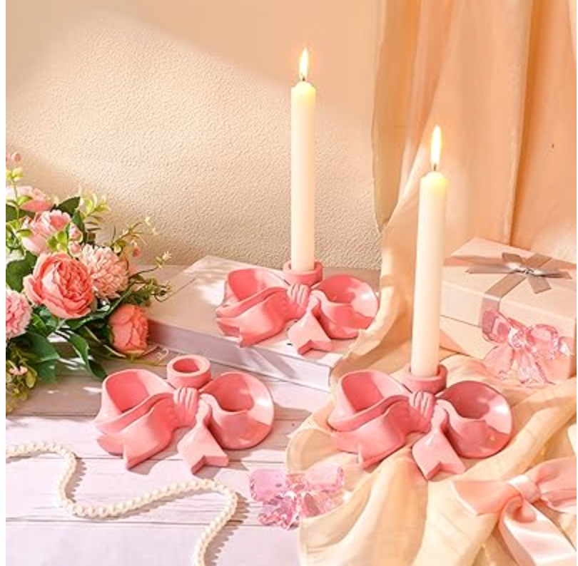 Mumufy 3 Pcs Large Pink Bow Candle Holder Candlestick Holder Decorative Candle Stand Centerpiece for Wedding Dining Party Decor Home Table Decoration Photo Prop Fit 0. 95 Inch, 5. 5 x 4. 84 Inch