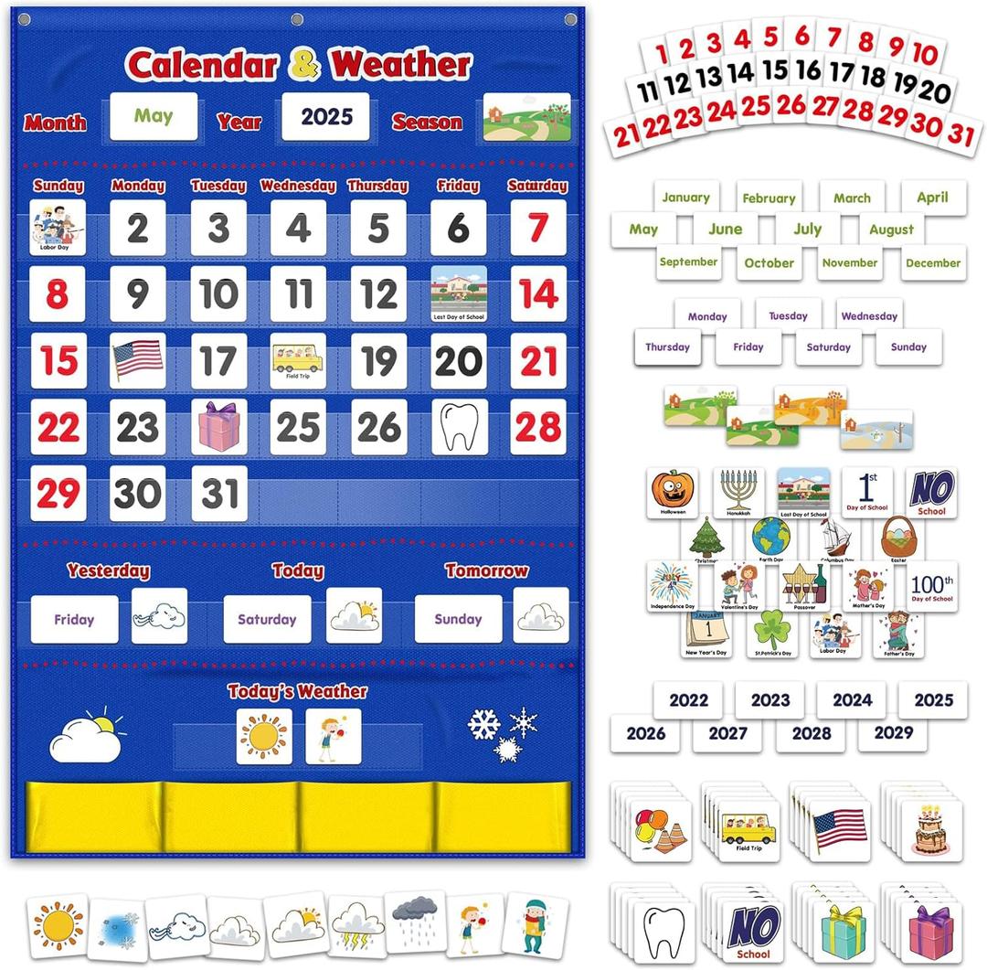 Godery Calendar and Weather Pocket Chart with 149 Cards, Kids Calendar for Classroom or Homeschool,Preschool Learning Activities Supplies, Kindergarten Must Haves (Blue)