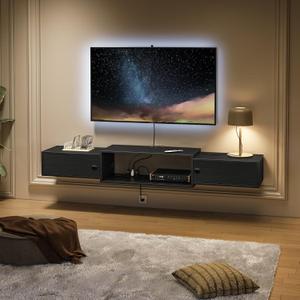HOOBRO 55" Floating TV Stand with Power Outlets, Modern Wall Mounted Media Console Shelf with Doors, Entertainment Center for Under TV Storage, for Living Room, Bedroom, Black BK11UDS01, 140 x 28 x 20 cm