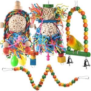 Bissap Conure Toys, 4 PCS Parrot Foraging Shredder Hanging Toys Sola Balls with Sand Hammer Perch Swing Climbing for Small Parrots Parakeets Conures Cockatiels Love Birds Cage Toy
