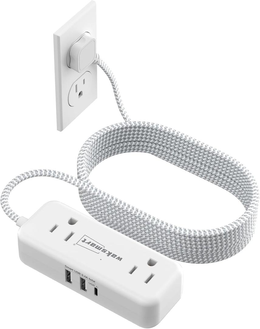 Flat Plug Extension Cord 15 Feet with 4 AC Outlets 3 USB Ports (5V/3.4A 17W), 15Ft Long Braided Cord for Home Office Dorm 13A 1625W