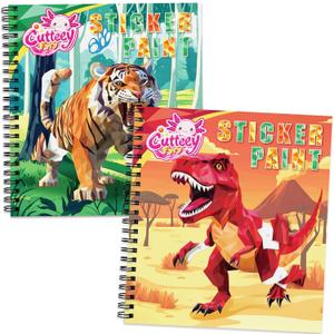 CutteeyFyry 2PCS Paint by Number Sticker Book Travel Activities for Kids Ages 4-10, Road Trip and Airplane Toys for Long Car Rides, Birthday Present, Preschool Classroom Party Gifts (Fierce Animals,dinosaurs)