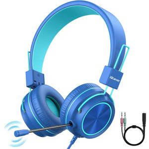 iClever HS21 Kids Headphones with Microphone for Virtual School- Rotatable Extendable Mic - 94 dB Volume-Safe Headphones for Kids, Wired Foldable Kid Gaming Headset for PS4/Xbox One/Switch/PC/Tablet (Blue)