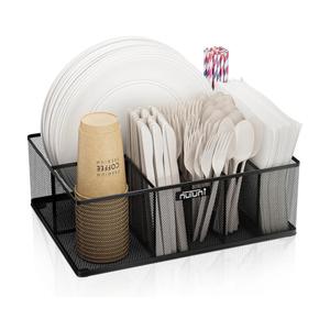 NUTUNI Paper Plate Organizer for Countertop, Metal Silverware Caddy for Plastic Spoon, Napkin, Utensils Holder with 6 Compartments for Party, Camping, Picnic, BBQ Dented