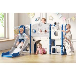 Babytronic Toddler Slide Set, 8 in 1 Kids Slide, Indoor Outdoor Slide for Toddlers Age 1-3, Toddler Playset with Basketball Hoop and Tunnel, Toddler Indoor Outdoor Playground, Blue & Grey