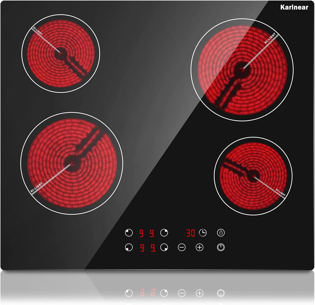 Karinear Drop-in 4 Burner Electric Cooktop 24 Inch Electric Radiant Cooktop, Electric Stove Top with Residual Heat Indicator, Child Safety Lock, Timer, 220-240V, 6000W, Hard Wire(No Plug)