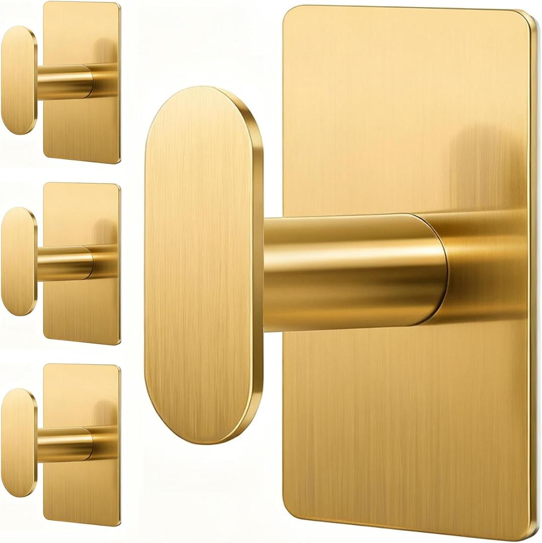 pickpiff Adhesive Towel Hooks for Bathroom: 20LB Extra Strong Wall Hanger for Shower Kitchen RV Dorm Apartment, Gold 4 Pack (Glod)