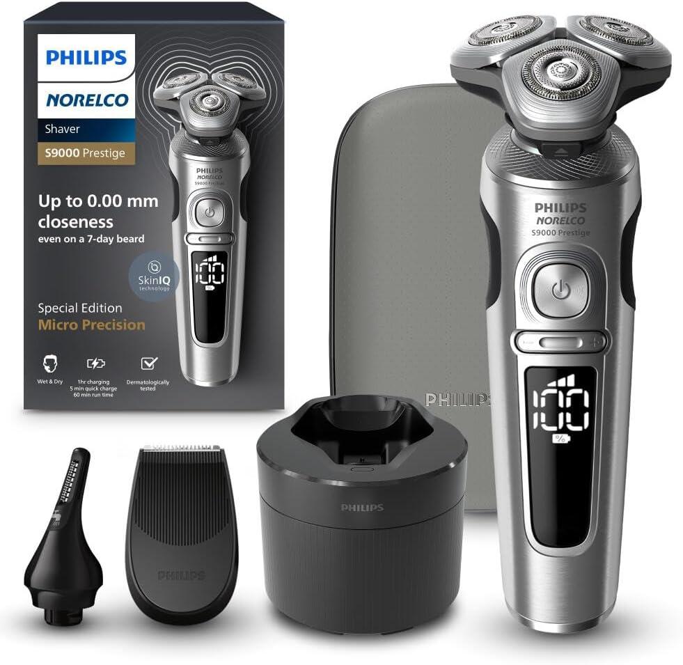 Philips Norelco Shaver Series 9000 Prestige Special Edition, Wet & Dry Electric Shaver, Lift/Cut & SenseIQ Technology, Nose & Precision Trimmer, Qi Pad, Cleaning Pod & Premium Case, SP9842/85 (S9000 Prestige Micro Precision + Clean Pod, Bright Chrome)
