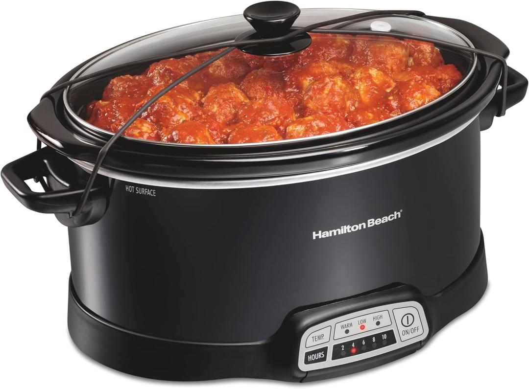 Hamilton Beach Portable 7 Quart Programmable Slow Cooker with Three Temperature Settings, Lid Latch Strap for Easy Travel, Dishwasher Safe Crock, Black (33474G) (7 Quarts, Lid Latch Strap for Easy Travel, Black)