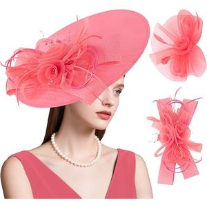 dressfan Wide Brim Fascinator Derby Hats for Women,20s Detachable Flower Hat with Headband for Derby Church Wedding Tea Party (Watermelon Red)