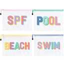 SOIDRAM 4PCS Beach Makeup Bags SPF Cosmetic Bags for Women Girls Summer Varsity Zipper Pouch Clear Waterproof Beach Toiletry Organizer Trendy PVC Makeup Bag for Travel Sandproof Essential