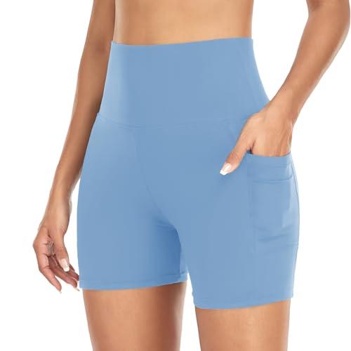 GROTEEN Biker Shorts Women with Pockets - 5'' High Waisted Tummy Control Black Workout Yoga Shorts