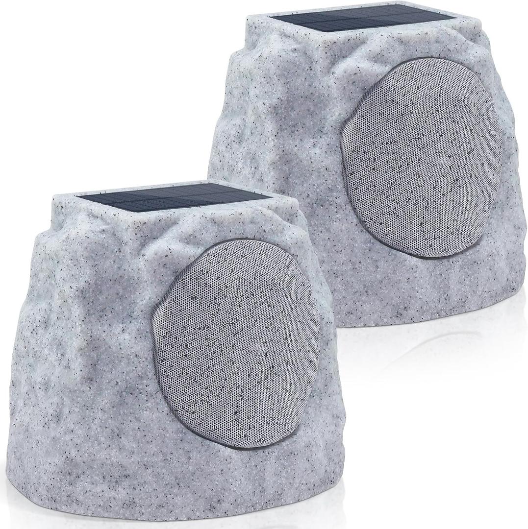 2-Pack Rock Speakers Outdoor Water-Resistant IP44, Multi-Sync Up to 100 Speakers, Solar-Powered Rock Speaker with Light for Patio Garden Party Pool Deck Yard Outside
