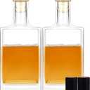 2Pack 25 oz Glass Bottles with Lid 750 ml Clear Empty Bottles with Cork Square Glass Bottle with Cap for Liquor Vodka Brandy Whiskey Beer Water Soda