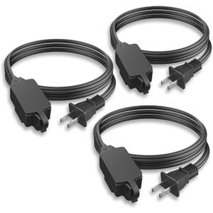 PLUGTUL Indoor Extension Cord 6 FT, 2 Prong Black Extension Cord, 3 Polarized Outlets with Safety Cap Protect for Home Office, 16/2 SPT-2 ETL Listed, 3 Pack