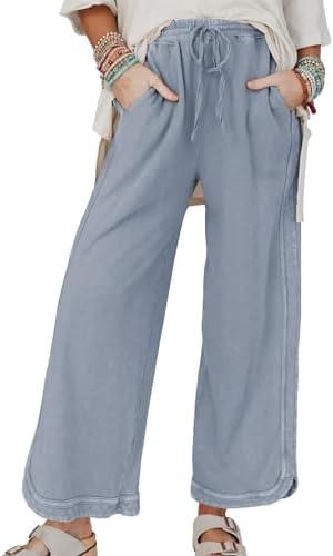 Hixiaohe Women's Casual Wide Leg Sweatpants High Waist Baggy Acid Wash Pants Drawstring Athletic Palazzo Pants with Pockets, Size S, Blue