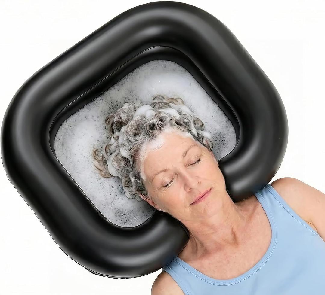 Inflatable Shampoo Basin, Portable Hair Washing Bowl with Drain Hose, Double-Layer Ergonomic Neck Support & Leak-Proof Design, for Bedridden, Disabled, Elderly and Pregnant Women (black