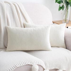 HWY 50 Cream White Lumbar Pillow Covers 12x20 Inch Pack of 2, Soft Chenille Decorative Throw Pillow Covers Farmhouse for Couch Sofa Living Room Bed