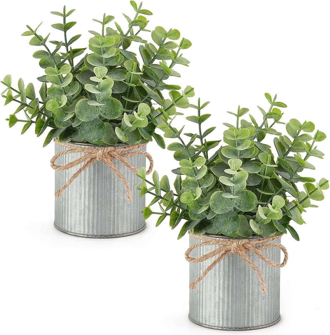 Mkono 2 Packs Small Fake Plants in Farmhouse Galvanized Pots Table Centerpiece Mini Faux Eucalyptus Potted Artificial Plants for Bathroom Shelf Room Rustic Home Decor