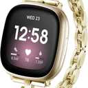 Silm Metal Band Compatible with Fitbit Versa 4/Fitbit Sense 2 Band Cute Women, Bling Jewelry Strap Replacement Compatible for Fitbit Sense/Versa 3 Women (Gold)