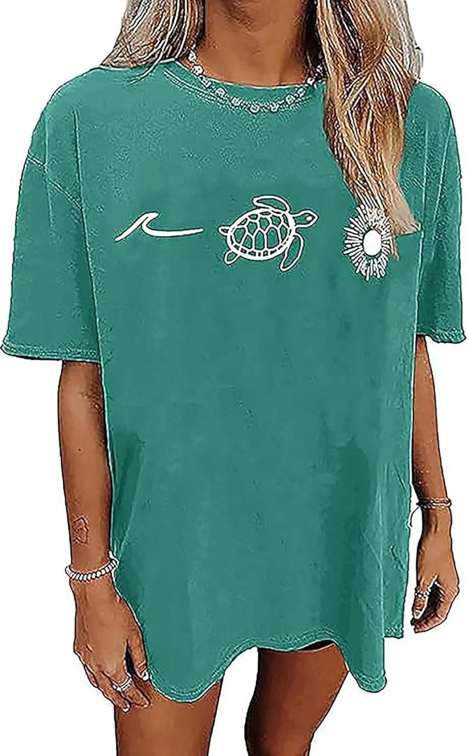 Oversized Graphic Tee Shirt for Women Summer Beach Vacation Clothes Casual Short Sleeve Loose Fit Basic T Shirt Top (Medium, Green-2)