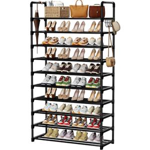 SRRSO Shoe Rack, 10 Tier Shoe Storage Organizer with Hooks, Fit 40-45 Pairs Shoes, Metal Tall Shoe Shelf for Closet, Entryway, Hallway, Garage, Bedroom, Cloakroom (XL)