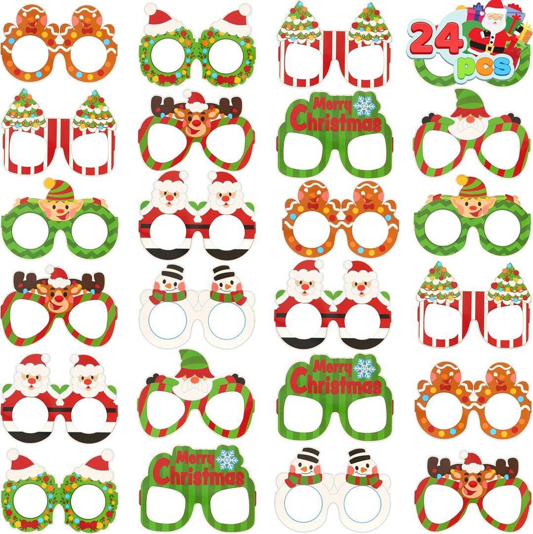 JOYIN 24 Pcs Christmas Paper Eyeglasses, Christmas Party Glasses with 9 Unique Designs, Christmas Eyewear Accessories Holiday Glasses for Adults and Children Game Props Photo Tools