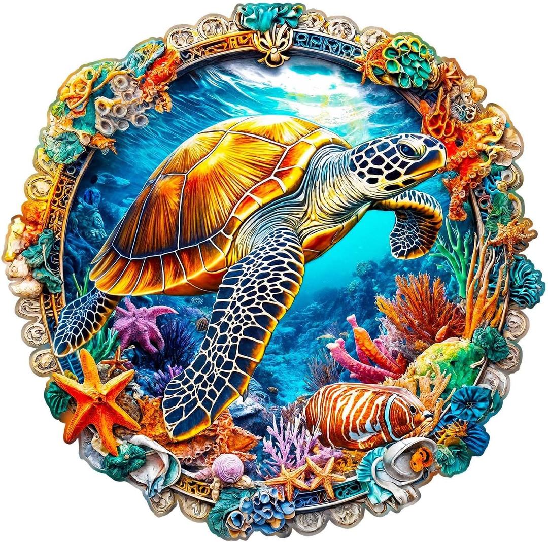 Wooden Puzzles for Adults - Fantasy Ocean Wooden Jigsaw Puzzle for Adults, Colorful Turtle Wood Puzzles Adult, Unique Animal Shape Ocean Puzzle, Wall Art Home Decor (S-8.5 * 8.4in -100 Pieces)