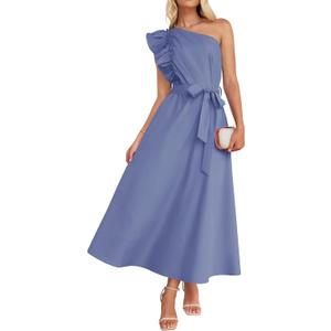 ZESICA Womens 2026 Summer One Shoulder Ruffle Maxi Dress Boho Sleeveless Empire Waist Tie Flowy Beach Party Long Dresses (Blue, XL)