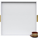 HofferRuffer Extra Large Square Serving Tray, Elegant Faux Leather Ottoman Tray with Gold Hardware Handles, Serve Tea, Coffee or Breakfast in Bed, 24 x 24 inches (White Shagreen)