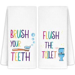 Kids Bathroom Decor, Toddler Boys Girls Kids Bathroom Accessories Hand Towels Set of 2, Brush Your Teeth Flush The Tolet Bathroom Decoretion, 16x24