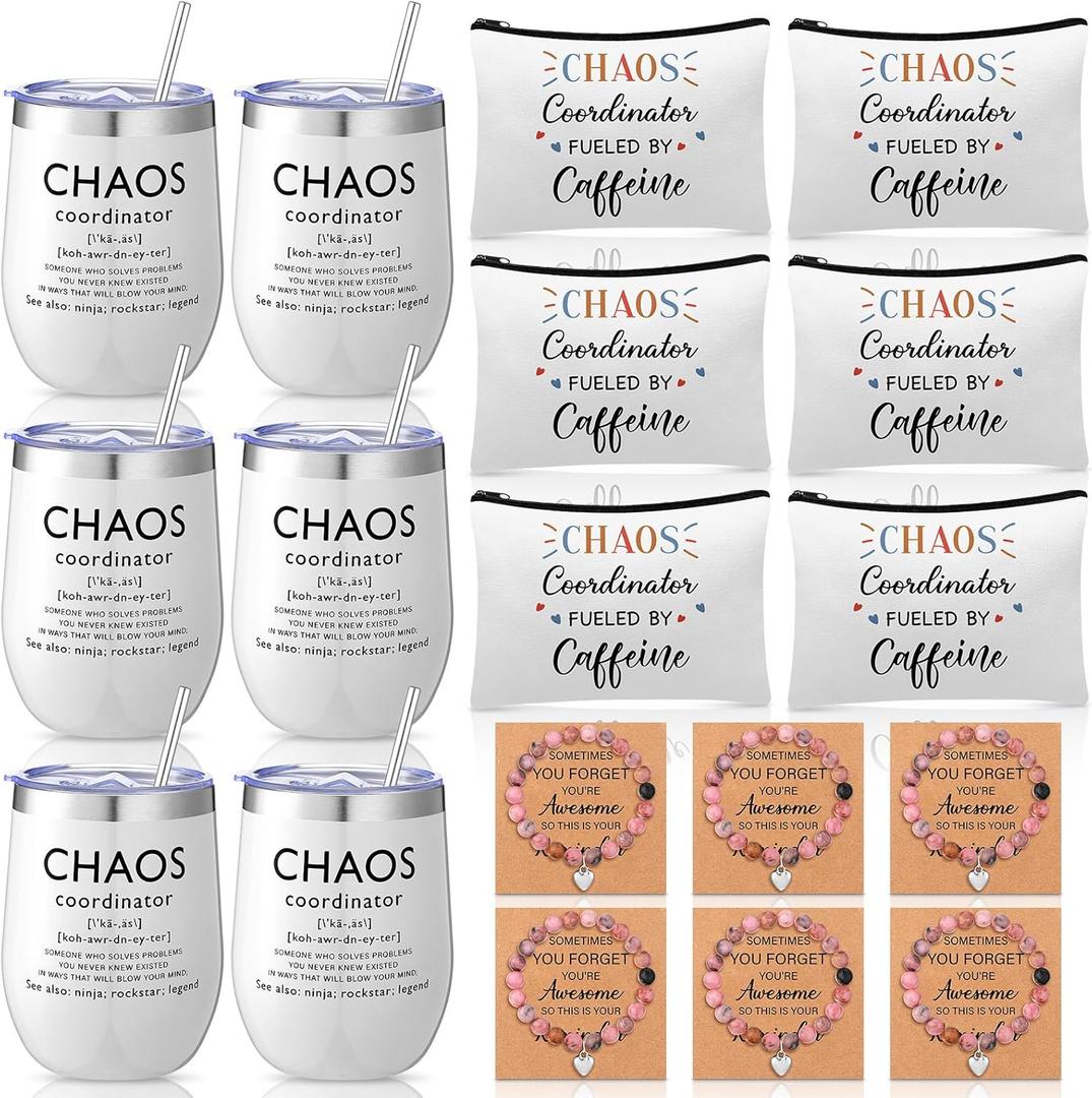 Patelai 24 Pcs Chaos Coordinator Gifts Bulk for Women Thank You Gifts for Women Coworker Mom Teacher Nurses Chaos Coordinator Tumbler Makeup Bag Bracelet Cards for Employee Appreciation