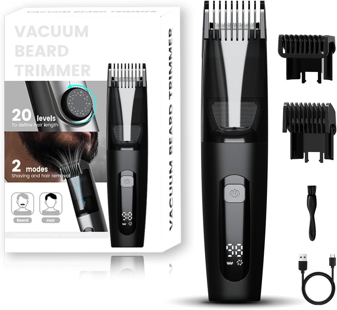 Vacuum Beard Trimmer for Men, No Mess Trimming, 40 Adjustable Lengths Dial, Smooth Ceramic Blade for Sensitive Skin, Waterproof Wet/Dry, LED Display, USB-C Grooming Kit