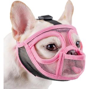 Mayerzon Short Snout Dog Muzzle for French Bulldog with Full Pant Design to Prevent Eating Biting, Soft Mesh Dog Muzzle for Shih Tzu Pug English Bulldog for Grooming Walking, Allow to Drink and Feed (XXS [Head Cir: 8.5"-12.5"], Pink)
