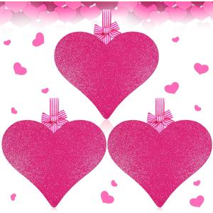 RattanView 3 Pcs Valentines Door Decorations Valentines Heart Door Hanger Ornaments Rose Red Glitter Heart Shaped Wooden Hanging Sign 11 x 12 Inch for Home Wall Porch Wedding Birthday Wreath Crafts