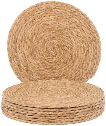 GENMOUS Woven Placemats Set of 8, 13" Round Placemats Natural Water Hyacinth Boho Placemats, Farmhouse Rattan Chargers for Dinner Plates,Rustic Braided Wicker Table Mats for Dining Table,Home,Wedding