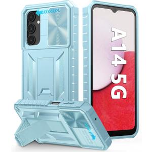 FNTCASE for Samsung Galaxy A14-5G Case: Military Grade Dropproof Cell Phone Cover with Kickstand & Slide | Heavy Duty Rugged Phonecase Bumper Textured | Heavy Duty Protector (Light Green) (TC-Light Green)