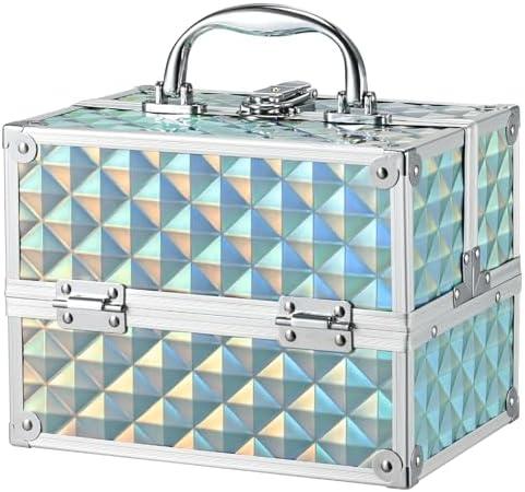 RENESSA Makeup Train Case Portable Makeup Case Organizer Cosmetic Box Make Up Box Makeup Organizer Cosmetic Storage Cases with Locking Nail Kit Organizer Travel Case Shiny Blue Missing Key