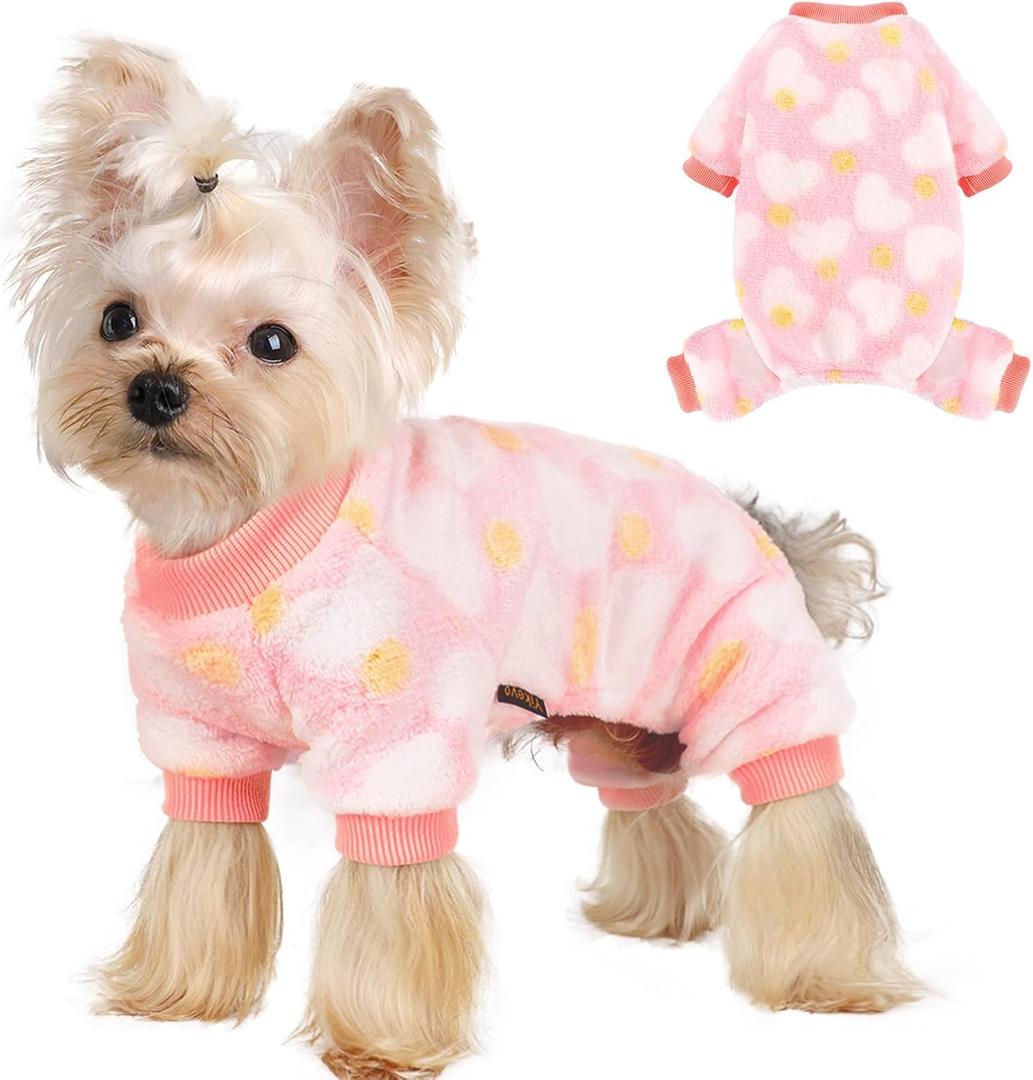 Sebaoyu Dog Sweater for Small Fleece Pajamas Girl Boy Warm Love Pet Clothes Puppy Winter Cute Tiny Outfit Pjs 4 Legs Jumpsuit Yorkie Cat(Pink,XX-Small)